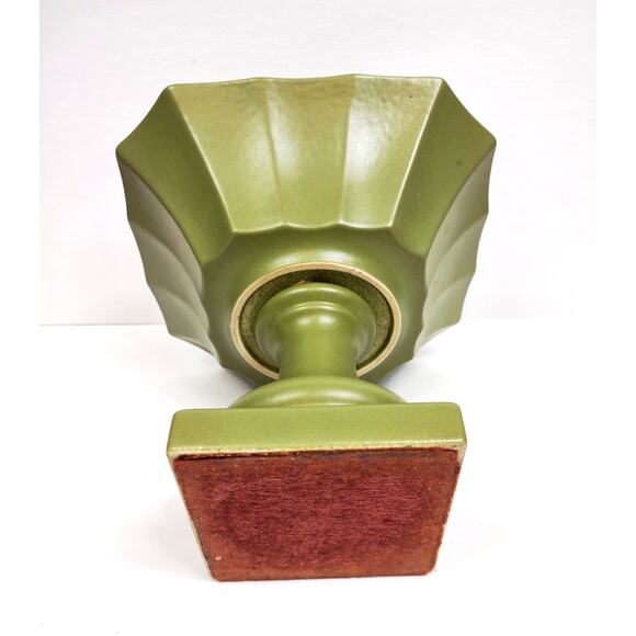 Vintage Hyalyn Pottery Square Pedestal Bowl Planter Green MCM Decor Scalloped - Picture 3 of 7